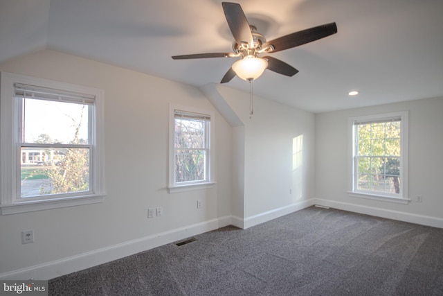 bonus room with carpet, ceiling fan, and vaulted ceiling