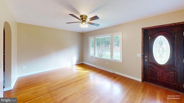 foyer featuring light hardwood / wood-style floors, a baseboard radiator, and ceiling fan