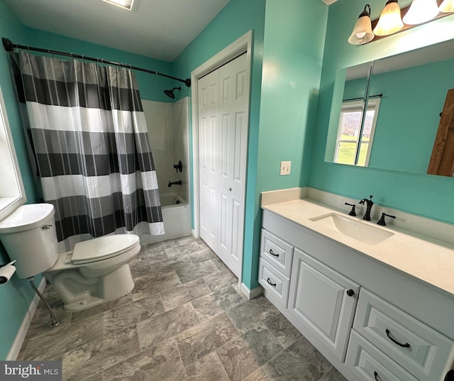 full bathroom featuring vanity, toilet, and shower / bath combo with shower curtain