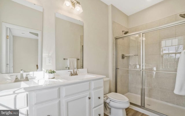 bathroom featuring vanity, toilet, wood-type flooring, and a shower with door