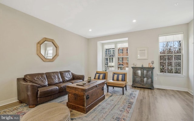 living room with plenty of natural light and light wood-type flooring