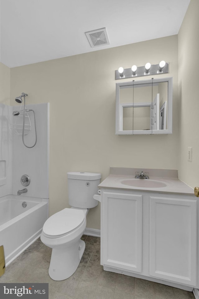 full bathroom featuring shower / bathing tub combination, vanity, toilet, and tile patterned flooring