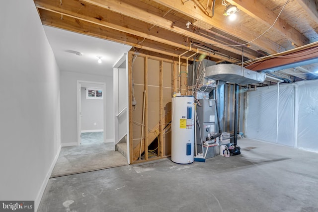 basement with heating unit and water heater