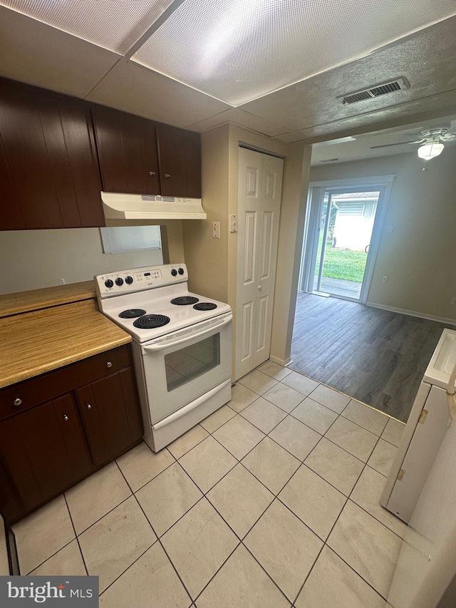 kitchen featuring light hardwood / wood-style flooring, dark brown cabinets, and white electric range