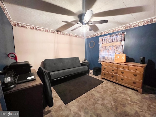 interior space with carpet and ceiling fan