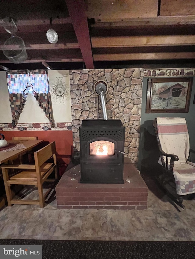 room details featuring a wood stove