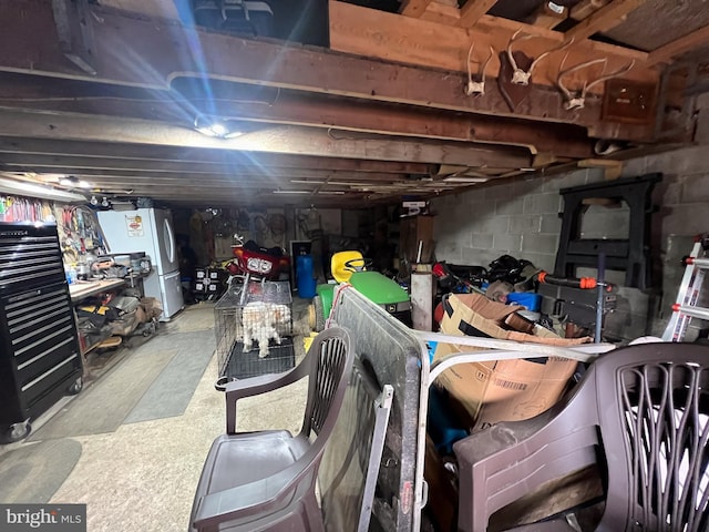 basement with white fridge