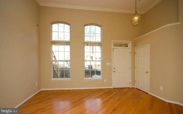 entrance foyer with ornamental molding and hardwood / wood-style flooring