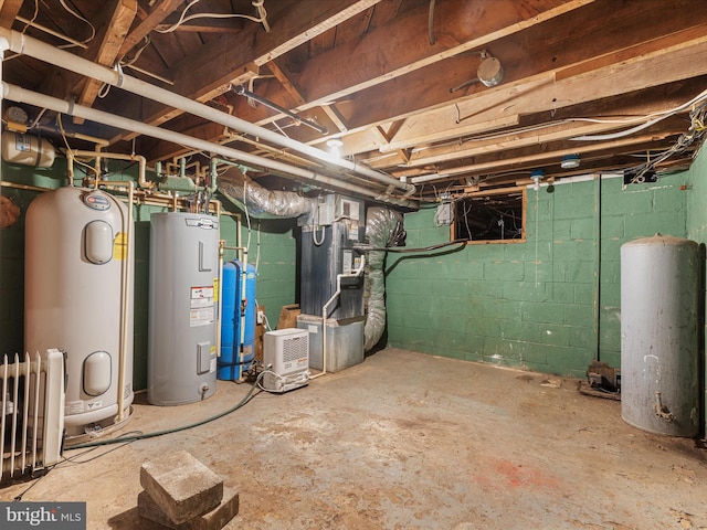 basement with electric water heater, heating unit, and water heater