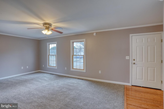 empty room with ceiling fan, ornamental molding, and light carpet