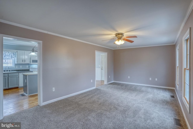 carpeted empty room with crown molding, sink, and ceiling fan