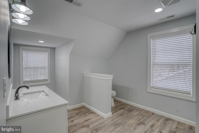 bathroom featuring wood-type flooring, vanity, toilet, and lofted ceiling