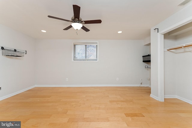 interior space featuring ceiling fan and light wood-type flooring