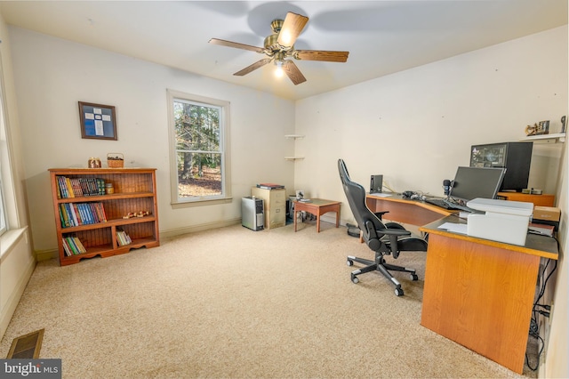 office space featuring carpet flooring and ceiling fan