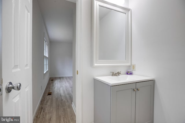 bathroom with hardwood / wood-style flooring and vanity