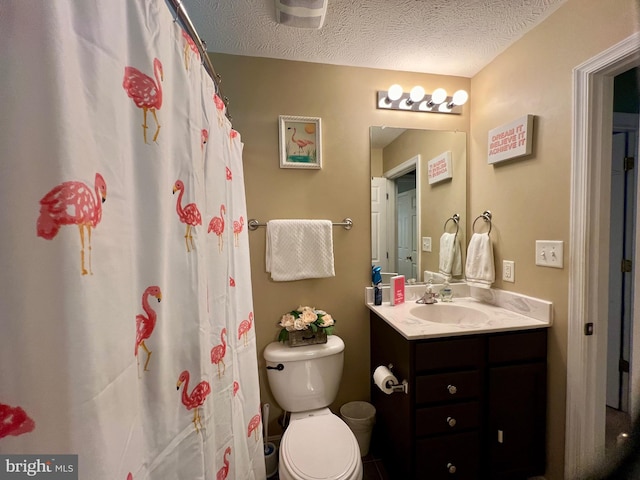 bathroom with vanity, toilet, and a textured ceiling