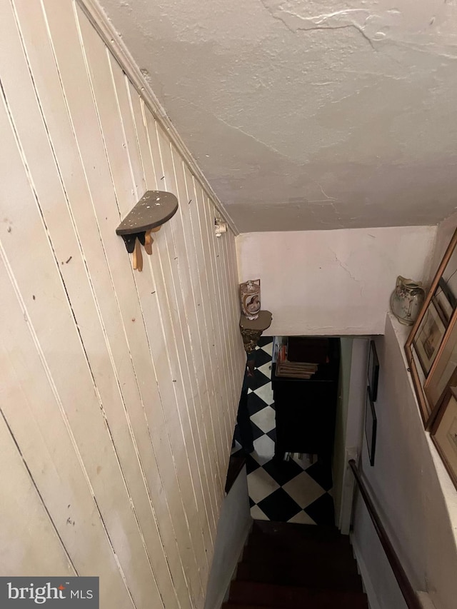 staircase featuring wood walls