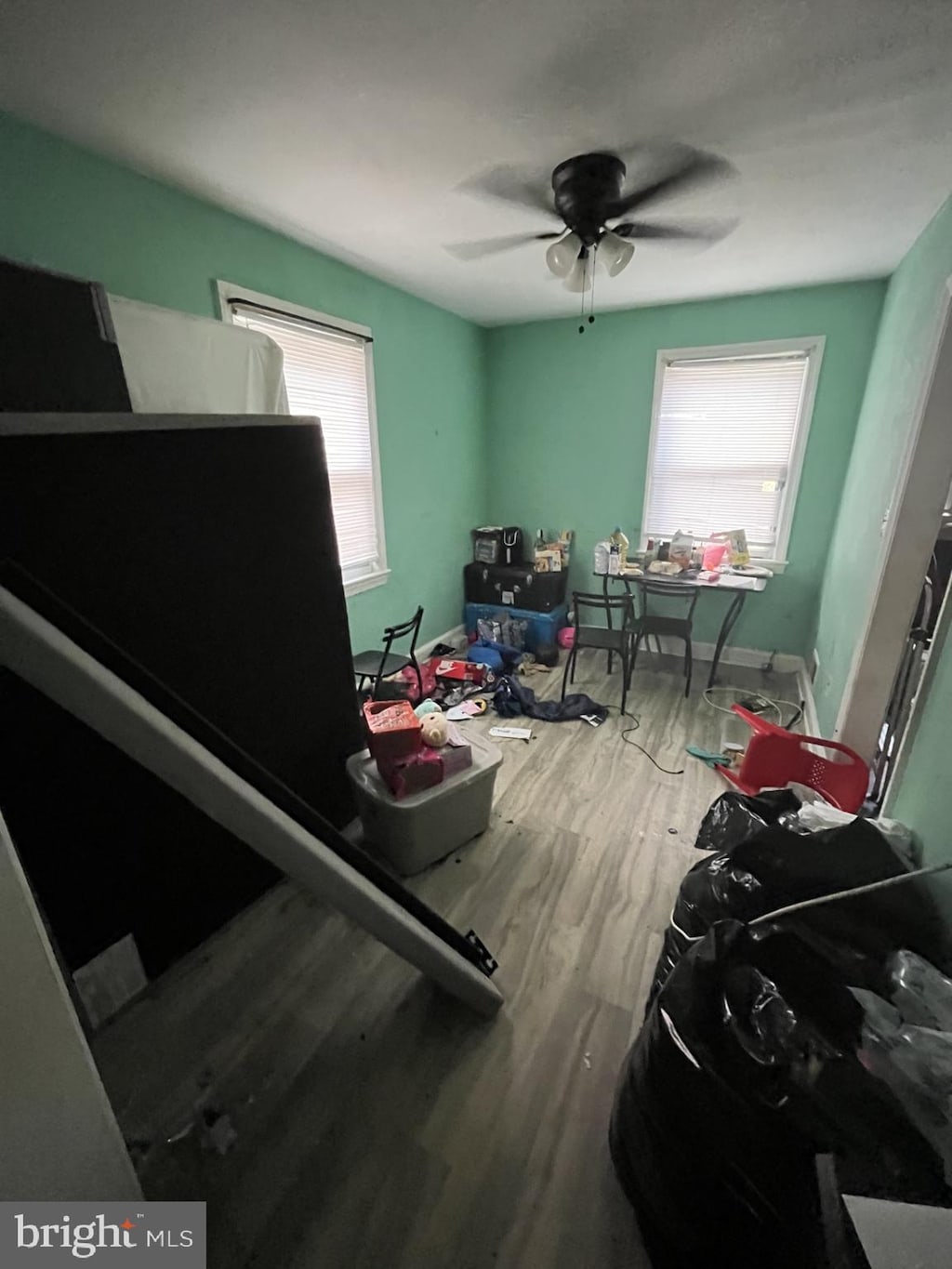 bedroom featuring ceiling fan and wood-type flooring