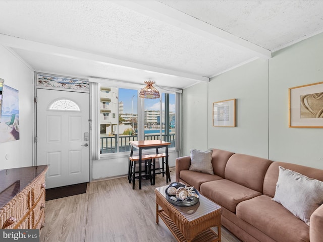 living room featuring a textured ceiling, light wood-type flooring, and ornamental molding