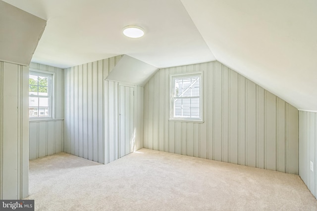 bonus room with plenty of natural light, light colored carpet, and vaulted ceiling