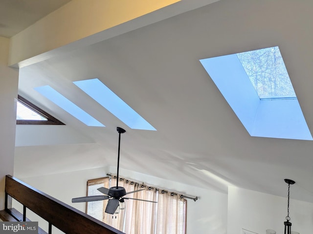 interior details featuring a skylight and ceiling fan