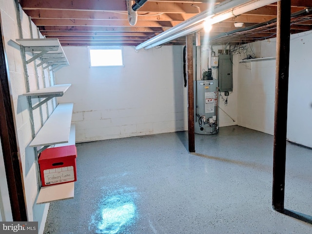 basement with electric panel and gas water heater