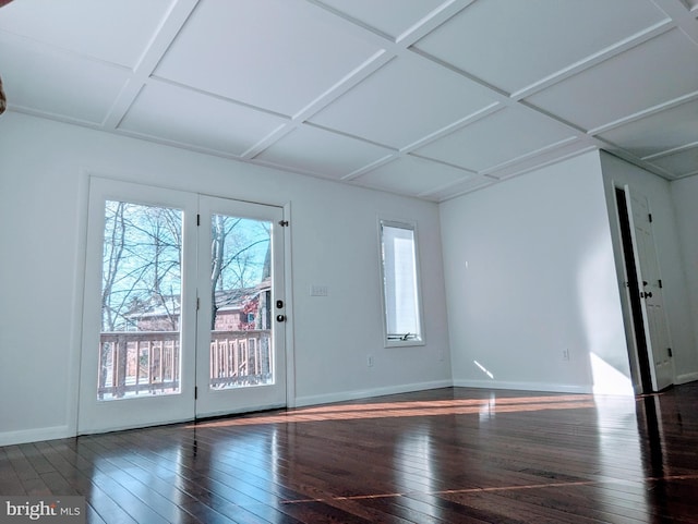 interior space with dark hardwood / wood-style flooring and coffered ceiling