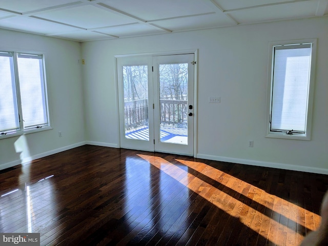 empty room featuring baseboards and dark wood-type flooring