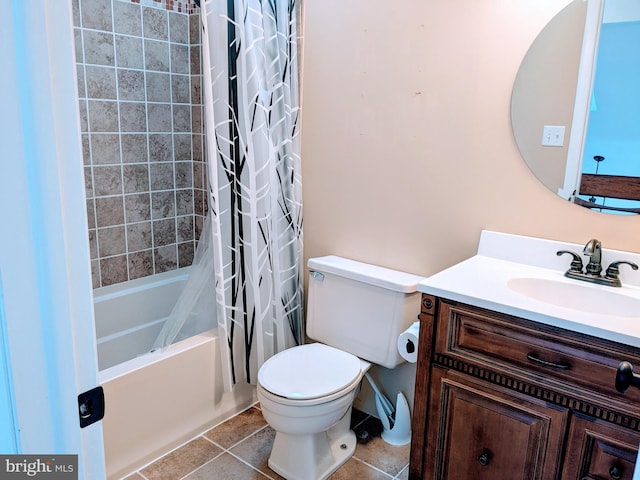 full bath with toilet, shower / bath combination with curtain, vanity, and tile patterned flooring