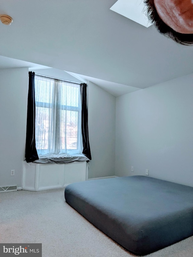 bedroom with visible vents, carpet, and a skylight