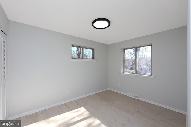 interior space with light hardwood / wood-style floors, a closet, and multiple windows