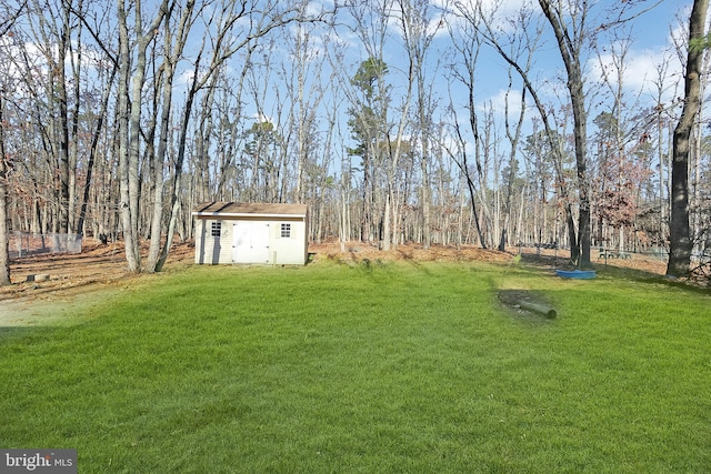 view of yard featuring a storage shed