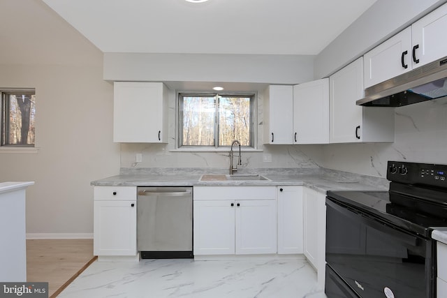 kitchen featuring black electric range, white cabinets, stainless steel dishwasher, and sink