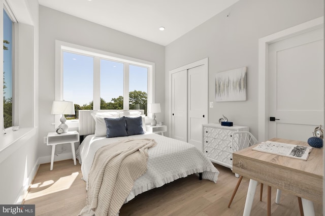 bedroom featuring a closet and light wood-type flooring