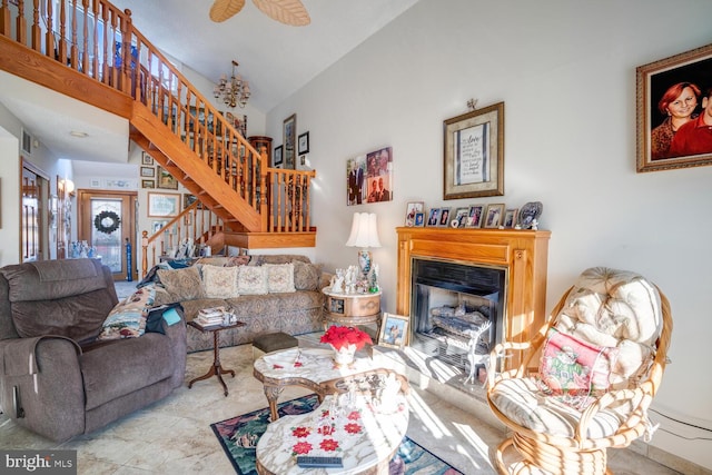 living room featuring lofted ceiling