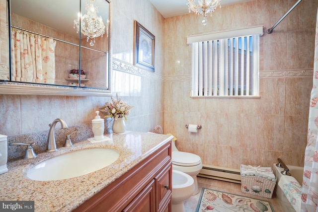 bathroom with baseboard heating, tile patterned flooring, a bidet, a chandelier, and tile walls