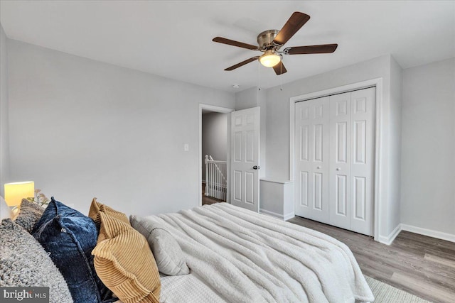 bedroom with ceiling fan, a closet, and light wood-type flooring