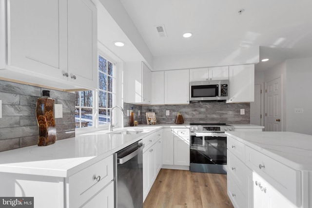 kitchen with sink, white cabinetry, stainless steel appliances, decorative backsplash, and light wood-type flooring