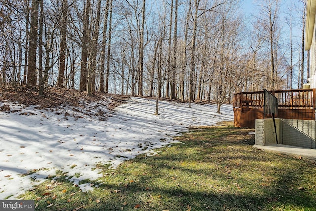 yard layered in snow with a wooden deck