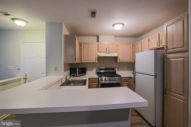 kitchen with sink, appliances with stainless steel finishes, a textured ceiling, kitchen peninsula, and light brown cabinets