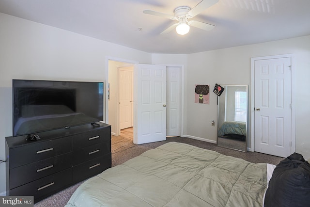 bedroom featuring light colored carpet and ceiling fan