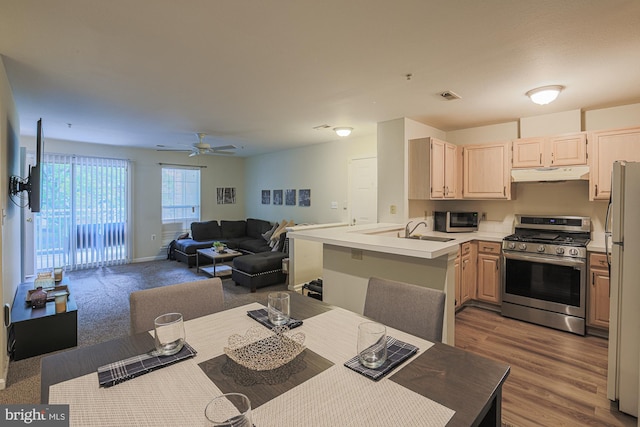 kitchen with sink, dark hardwood / wood-style flooring, appliances with stainless steel finishes, light brown cabinetry, and kitchen peninsula