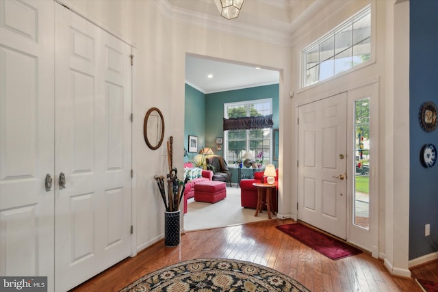 foyer entrance featuring crown molding and wood-type flooring