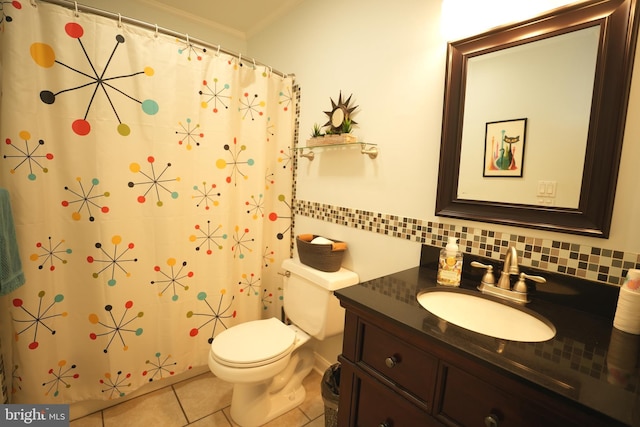 37978 George F Dr, Mechanicsville, MD 20659 - bathroom with crown molding, toilet, decorative backsplash, tile patterned floors, and vanity