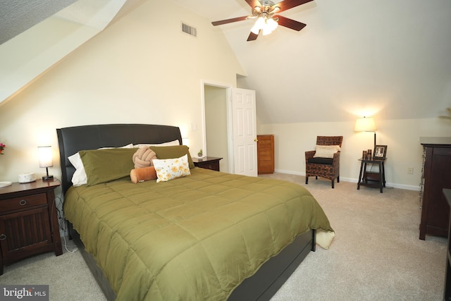 37978 George F Dr, Mechanicsville, MD 20659 - bedroom with baseboards, visible vents, lofted ceiling, ceiling fan, and light carpet
