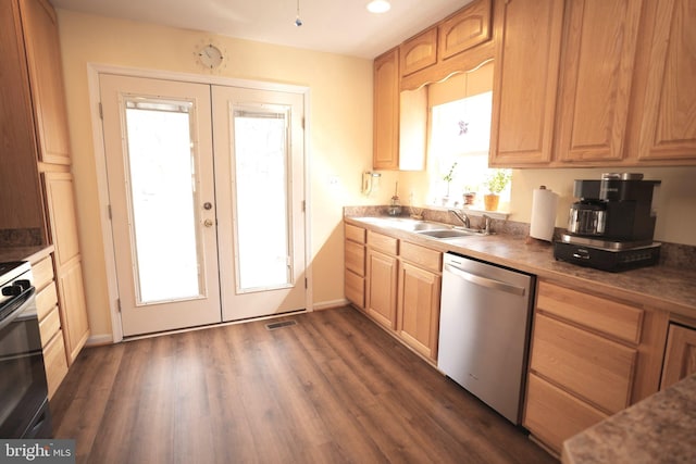 37978 George F Dr, Mechanicsville, MD 20659 - kitchen with visible vents, light brown cabinetry, dark wood-type flooring, french doors, and stainless steel dishwasher