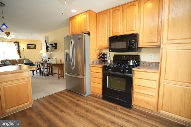37978 George F Dr, Mechanicsville, MD 20659 - kitchen with light brown cabinets, ceiling fan, black appliances, dark wood-type flooring, and open floor plan