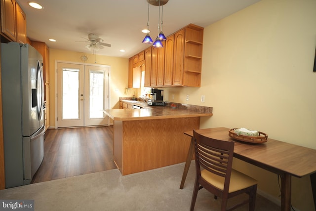 37978 George F Dr, Mechanicsville, MD 20659 - kitchen featuring open shelves, recessed lighting, french doors, stainless steel fridge, and a peninsula
