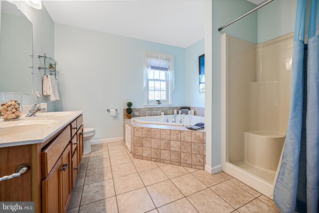 full bathroom with tile patterned floors, vanity, toilet, and plus walk in shower