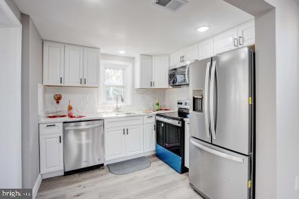 kitchen with decorative backsplash, light wood-type flooring, white cabinetry, and stainless steel appliances